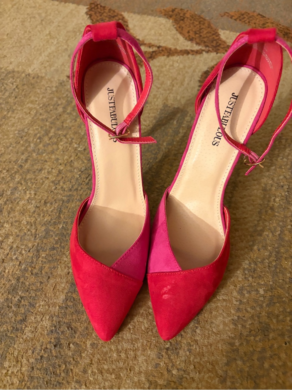 JustFab Hot Pink Two-Tone Pointed Ankle-Strap Heels